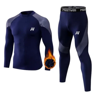 Image of MEETWEE Men’s Thermal Underwear Set, Winter Base Layer Long Sleeve Johns Quick Dry Compression Top &amp; Bottom for Sport Skiing Running Hiking Blue