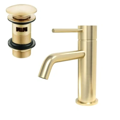 Image of Nes Home Modern Deck Mounted Brushed Brass Round Single Lever Basin Mono Mixer Tap + Waste