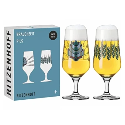 Image of RITZENHOFF 6201001 Beer Glass 374 ml Set of 2 Brauchzeit Series with Illustrations, Multi Coloured Made in Germany
