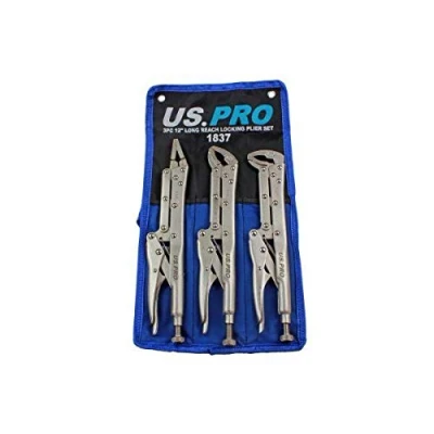 Image of US PRO Tools 3 Piece 12&quot; Flat &amp; Curved Jaw Long Reach Locking Mole Grip Pliers 1837