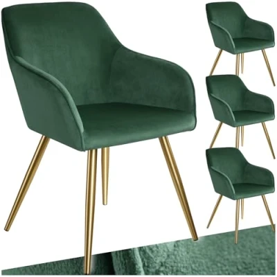 Image of TecTake® Set of 4 Dining Chairs in Velvet Look with Gold Steel Legs, Thickly Padded Armchairs, Ergonomic Design &amp; Easy Assembly Ideal as Dining, Living Room, Bedroom Desk Dark Green/Gold