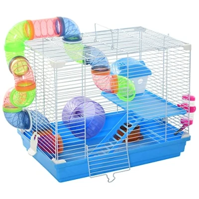 Image of Pawhut 2 Tier Hamster Cage Carrier Habitat Small Animal House with Exercise Wheels Tunnel Tube Water Bottle Dishes Ladder for Dwarf Mice, Blue