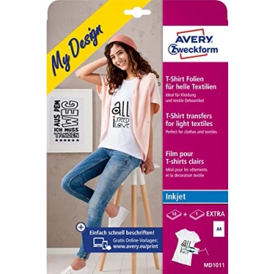 Image of AVERY Zweckform 10+1 Textile Films, Design Your Own T Shirt, Print Shirt (Ironing Film, Light Textiles, DIN A4, Printable Film for Iron on, Transfer Inkjet Printers) MD1011