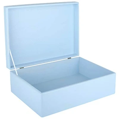 Image of Creative Deco XL Blue Wooden Storage Box 40 x 30 14 cm (+/ 1 cm) with Hinged Lid Gift for Christmas Xmas Wood Keepsake Memory Craft Chest