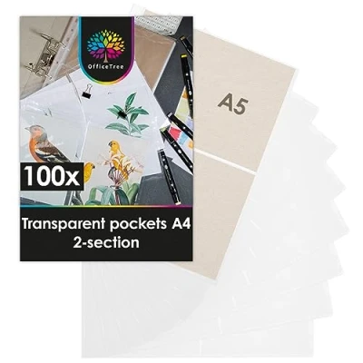 Image of OfficeTree 100 x Punched Pockets A4 2 Compartments 240 Hole Reinforcers Plastic Wallets A5 Clear Poly for Postcards &amp; Photos