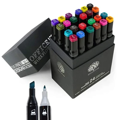 Image of OfficeTree 24 Alcohol Marker Pens Set Colors Markers Intense Colours Twin for Sketching, Coloring, Highliting, Drawing and Painting Based