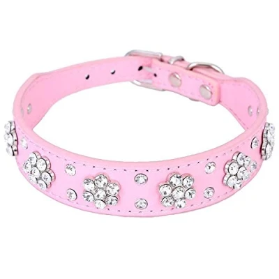 Image of DIVISTAR Pet Collars Rows Rhinestone Bling Flower Studded PU Leather Dog Collar for Small&amp;Medium Dogs (S, Pink)