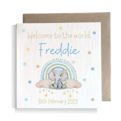 Image of Second Ave Personalised Baby Boy Newborn Congratulations Rainbow Elephant Square Card