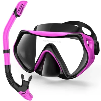 Image of Snorkeling Gear for Adults, Dry Top Snorkel Set Scuba Diving mask, 180Panoramic Wide View Professional Breathing Freely Mask (Purple)