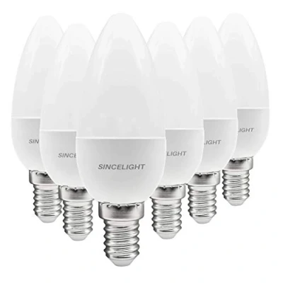 Image of SINCELIGHT E14 LED Candle Light Bulb, B35 Shape with Milky Diffuser, 5 Watt, Warm White 2700K, Rich&amp;Ture Color RA≈92, 450 Lumens, 50W Equivalent, SES Small Edison Screw, Pack of 6