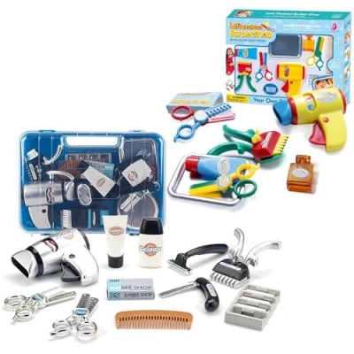 Image of Coo11 kids barber Shop Toy Set childrens Shaving Kit Grooming Hair Cut Salon Toddler Cutting Playset with Shaver, Scissors, Dryer, Razors for Christmas Birthday Party Gift