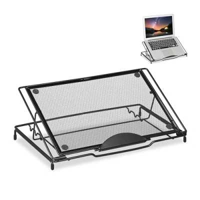 Image of Relaxdays Laptop Stand, Foldable, Notebook Tablet, Up to 14 in, 3 Adjustable Angles, Mesh Design, Steel, Black, 14.5 x 37 52 cm