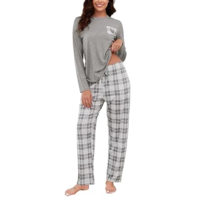 Image of Reliwel Women&#039;s Pyjama Sets Long Sleeve and Plaid Bottoms Pjs for Women Two Pieces Soft Nightwear Sleepwear Ladies Lounge Wear Pj Set S XXL Gray