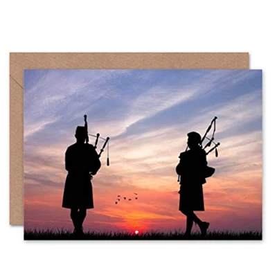 Image of Wee Blue Coo Scottish Bagpipes Silhouette Sunset Birthday Art Sealed Greeting Card Plus Envelope Blank inside