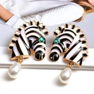 Image of AllForYou Vintage Simulated Pearl Earrings For Women Zebra Metal Dangle Drop Animal Statement Jewelry Gifts