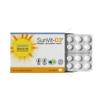 Image of SunVit D3 Vitamin D 2000iu High Strength Tablets Support The Maintenance of Bone, Teeth, Muscle &amp; Immune System Made in UK GMP Approved Dairy Gluten Free Vitamins 28