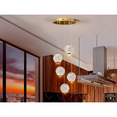 Image of Austral Modern Cluster Drop 5 Light LED Pendant Light, Spherical Carved Crystal Globes, 1264lm, 3200K