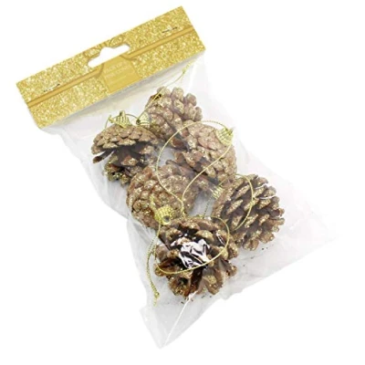 Image of Carousel Home and Gifts Pack of 6 Gold Glitter Pine Cone Christmas Tree Baubles Hanging Ornament Decoration