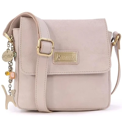 Image of Catwalk Collection Handbags Ladies Small Distressed Leather Cross Body Bag Women&#039;s Messenger Adjustable Crossbody Strap SABINE S Latte