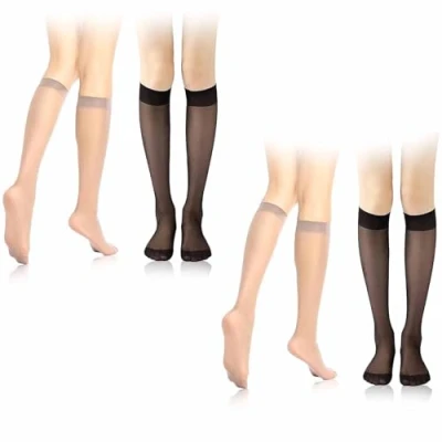 Image of Guegine 4 Pairs Knee High Pop Socks,Nylon Women Socks Sheer Stockings Nude Breathable Plain Comfortable Silk with Reinforced Toe Elastic