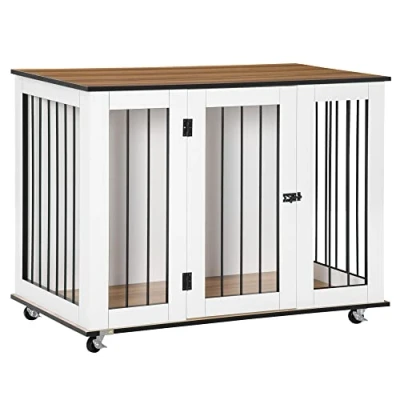 Image of PawHut Dog Crate Furniture, Cage End Table with Wheels, Lockable Door, for Medium Dogs, 106 x 60 82 cm White