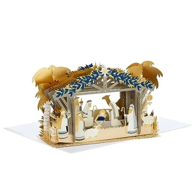Image of Hallmark Christmas Card, Nativity Scene 3D &amp; Pop Up With Gold Foil Details, Blue