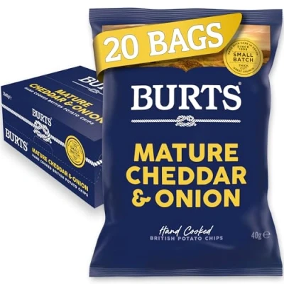 Image of Burts Mature Cheddar and Onion Hand Cooked Crisps 20 x 40 g Multipack Box Vegetarian Friendly, Gluten Free, Hydrogenated Fat Non GMO Potato Chips