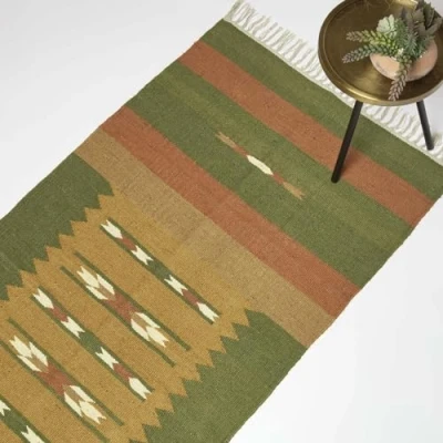 Image of HOMESCAPES Orange &amp; Green Handwoven Kilim Rug Carpet Runner for Hallway 80 x 180 cm Traditional Geometric ‘Lundi’ Jute Cotton with Tassels
