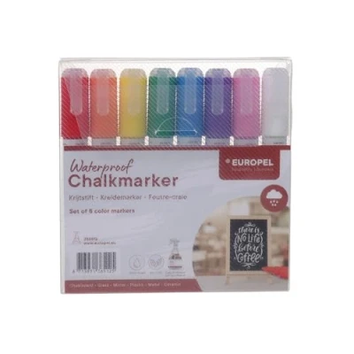 Image of Europel Water Resistant Chalk Marker, 6 mm Tip Set of 8 Multicolored Markers for Indoor and Outdoor Messages Blackboards, Slates, Signs, Windows