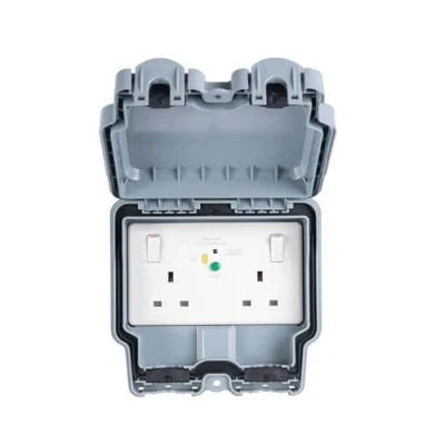 Image of United Electrical Double Weatherproof Outdoor Switched Power Socket with Latching RCD, IP66 Rated, 13 Amp