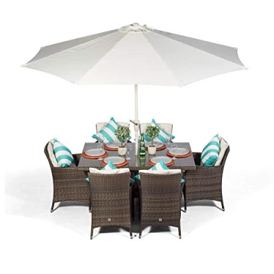 Image of Savannah Rattan Dining Set Rectangle 6 Seater Brown Outdoor Poly Garden Table &amp; Chairs Patio Conservatory Wicker Furniture with Parasol Cover