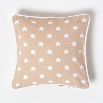 Image of HOMESCAPES 100% Cotton Star Cushion Cover 30 x cm Square 12 Inches Beige White Sofa Pillow Washable