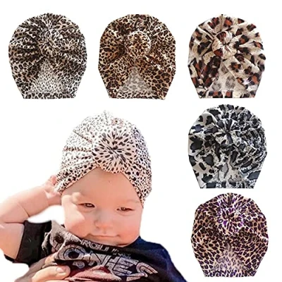 Image of Nishine Newborn Bow Knotted Turban Hats for Baby Girls Cute Soft Leopard Donut Hospital Hat Infant Nursery Indian Beanie Headwrap Set