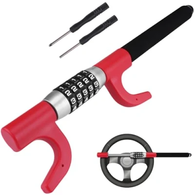 Image of Tevlaphee Steering Wheel Lock, Car Lock Anti Theft Keyless Extendable Retractable Password 5 Coded Combination Heavy Duty Universal Fit (B) (Red)