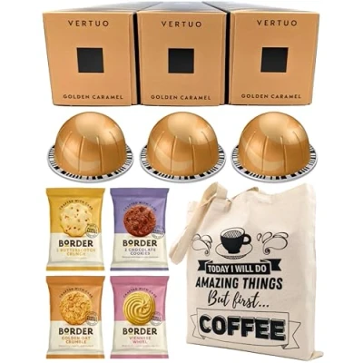 Image of Nespresso Vertuo Golden Caramel Coffee Capsules 3 Boxes (30 Pods) Bundled with Border Biscuits Selection &amp; Giftable Tote Bag
