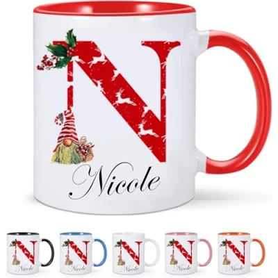 Image of EKAM Personalised Christmas Initial Name, Mug with Santa and Festive Decor Coffee Tea Mug, Customised for Family, Friends, Mum, Dad, Kids Girls, (11oz)