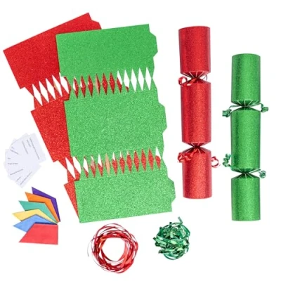 Image of evelay 12 Make Your Own Christmas Cracker Kit DIY Green &amp; Red Glitter Crackers Hats Snaps Jokes (Green, Red)
