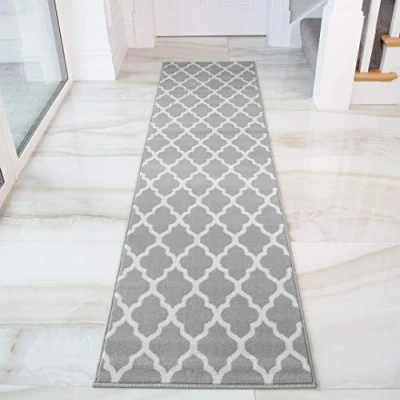 Image of Modern Grey Trellis Runner Rug Cream Geometric Living Room Area Hallway Rugs 70cm x 300cm