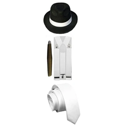 Image of MENS GANGSTER PIMP THEME WHITE Black HAT BRACES TIE CIGAR 1920&#039;S PARTY OUTFIT (White Costume Hat)