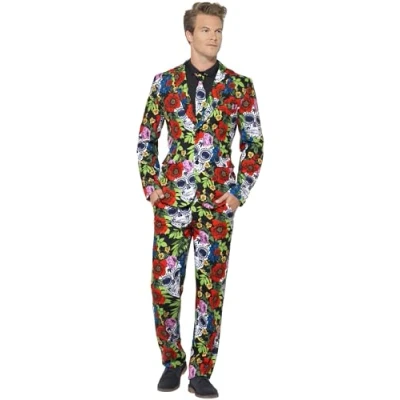 Image of Smiffys Day of the Dead Suit, Multi Coloured with Jacket, Trousers &amp; Tie, Stand Out Suits Fancy Dress, Adult Dress Up Costumes