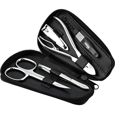 Image of marQus Manicure Set Men Mens Nail Grooming Kit for Professional Care, Stainless Steel Cutter, Scissors, Clippers, Sapphire file and Tweezers in a Black Leather Case