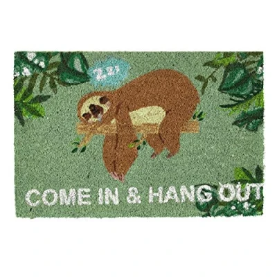 Image of Relaxdays Doormat Come In &amp; Hang Out, Sloth Design, Door Outside Inside, Coconut Mat 60 x 40 cm, Green/Brown, Coir, 1 item
