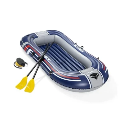 Image of Bestway Hydro Force Treck One Man Inflatable Boat Raft, Rubber Dinghy with Heavy Duty Handles for 1 Person, boat, pair of oars, foot pump and a repair patch, Blue