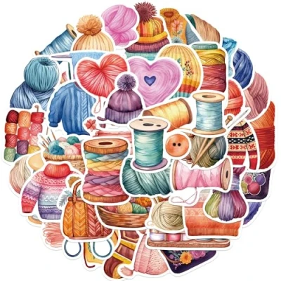 Image of 50 Pcs Knitting Stickers for Kids Teens Adults Boys Girls Gift,Stickers Pack Laptop,Skateboard,Luggage,Car,Bike, Cup,Computer,Water Bottle Decor,Knitting Vinyl Waterproof Sticker Decals