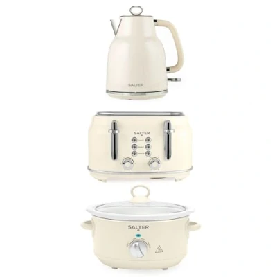 Image of Salter Retro Kettle, Toaster &amp; Slow Cooker Set 4 Slice Toaster, 6 Browning Levels, 1.7L Rapid Boil 3.5L Electric Cooker, Dishwasher Safe Ceramic Pot, 3 Heat Settings, Cream, COMBO 9505
