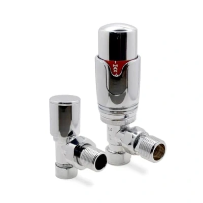 Image of Chrome Angled Modern Thermostatic Radiator Towel Rail Valves Central Heating (Pair) 1/2&quot; BSP