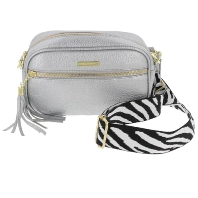 Image of Equilibrium Cross Body Shoulder Bag with Fun Patterned Strap Design and Tassel Black, Grey or Silver Gold Hardware (Silver)