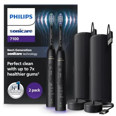 Image of Philips Sonicare 7100 Electric Toothbrush, Sonic Toothbrush with App, 4 Brushing Modes and 3 Intensity Levels, Pressure Alert, EasyStart, SmarTimer BrushPacer, Black, 2 Pack, Model HX7429/03