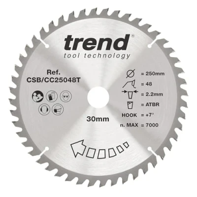 Image of Trend Wood Cordless ATBR Mitre Saw Blade, 250mm Diameter, 30mm Bore, 48 Teeth, 2.2mm Kerf, +7 Hook, TCT, Medium Finish, CSB/CC25048T