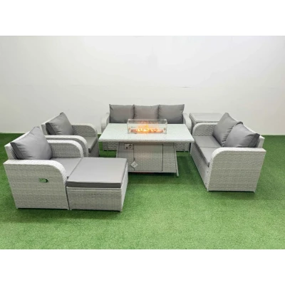 Image of Pe Rattan Garden Furniture Set Reclining Chair Sofa Double Love Seat 2 Seater Lounge Firepit Dining Table Big Footstool Side Light